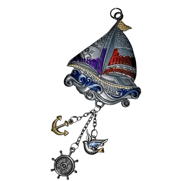 GANZ CAR CHARM 2 Sided Hanging Sailboat Theme Pewter Red Blue 4” - Picture 2 of 3